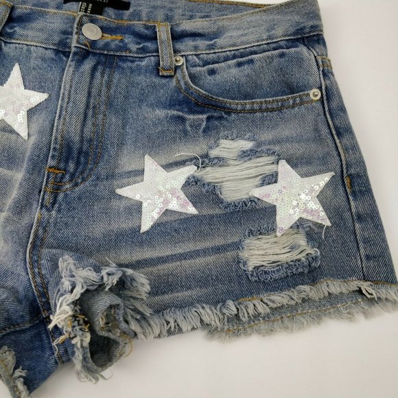 Forever 21 Size M Raw Hem Ripped Sequin Stars Denim Boyfriend Shorts - Picture 5 of 8